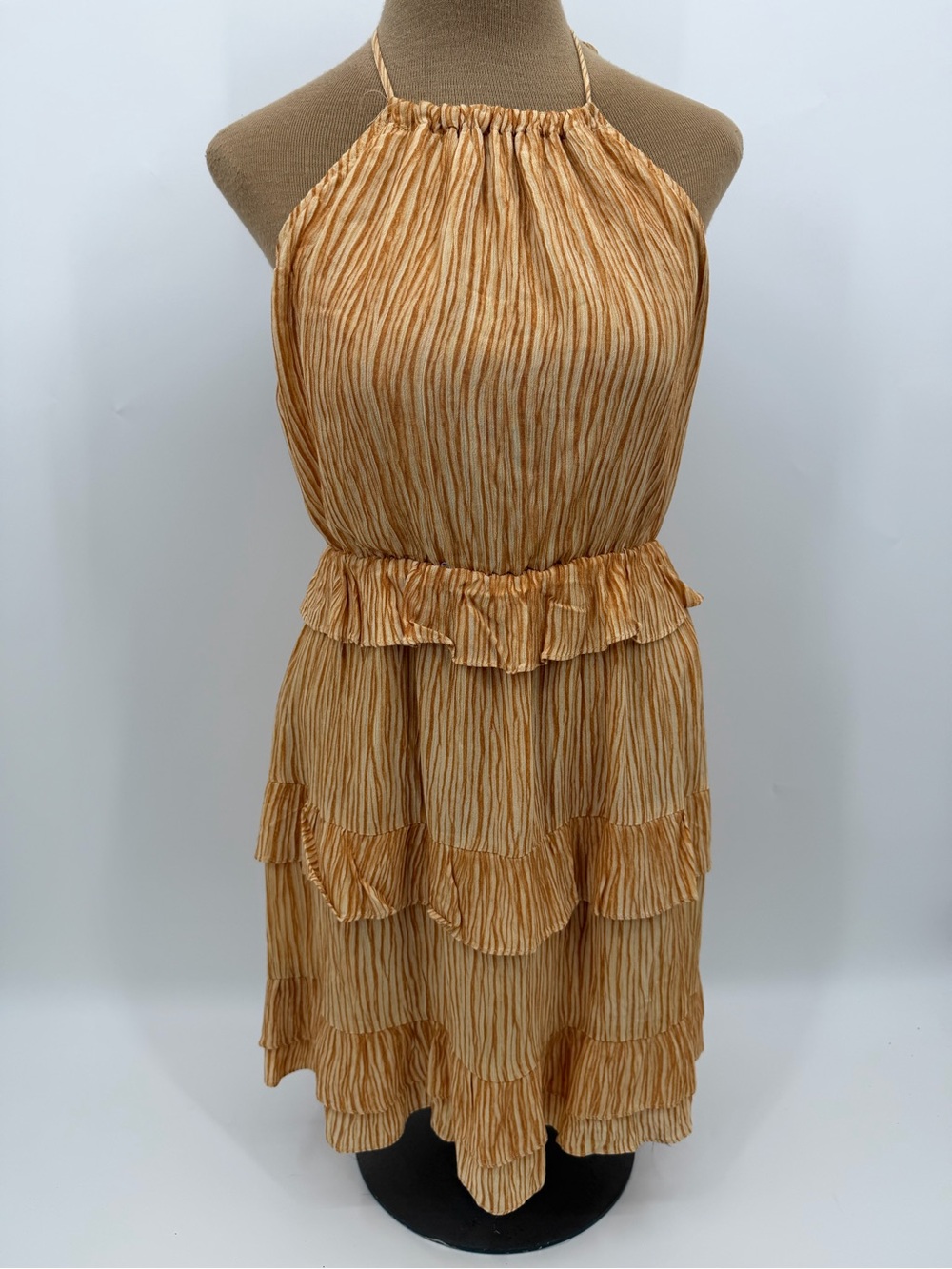 Lulus Gold Amber Striped Crinkle Tiered Ruffle Halter Mini Dress Size Small
